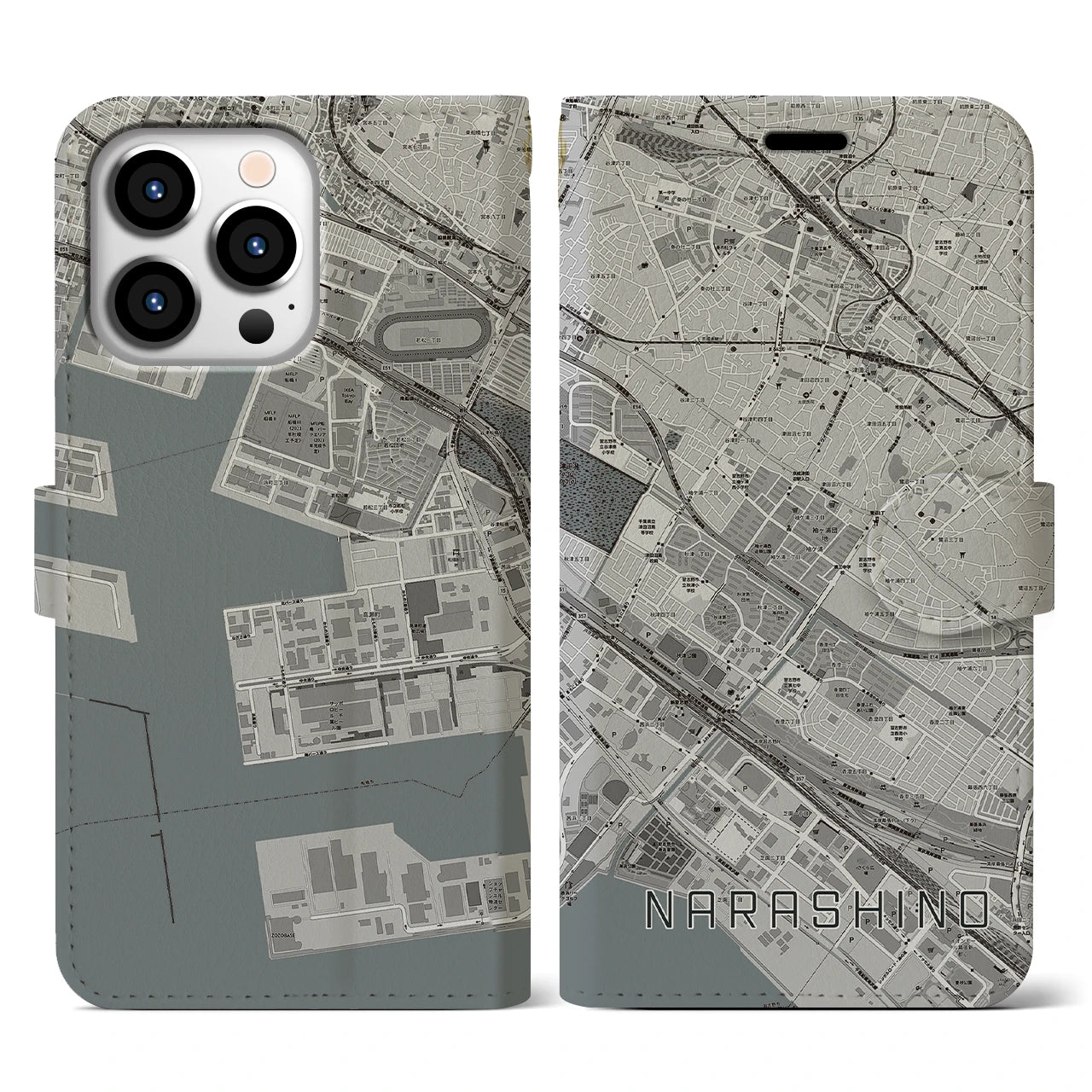 【習志野(千葉県)】地図柄iPhoneケース(手帳タイプ)モノトーン・iPhone 13 Pro 用
