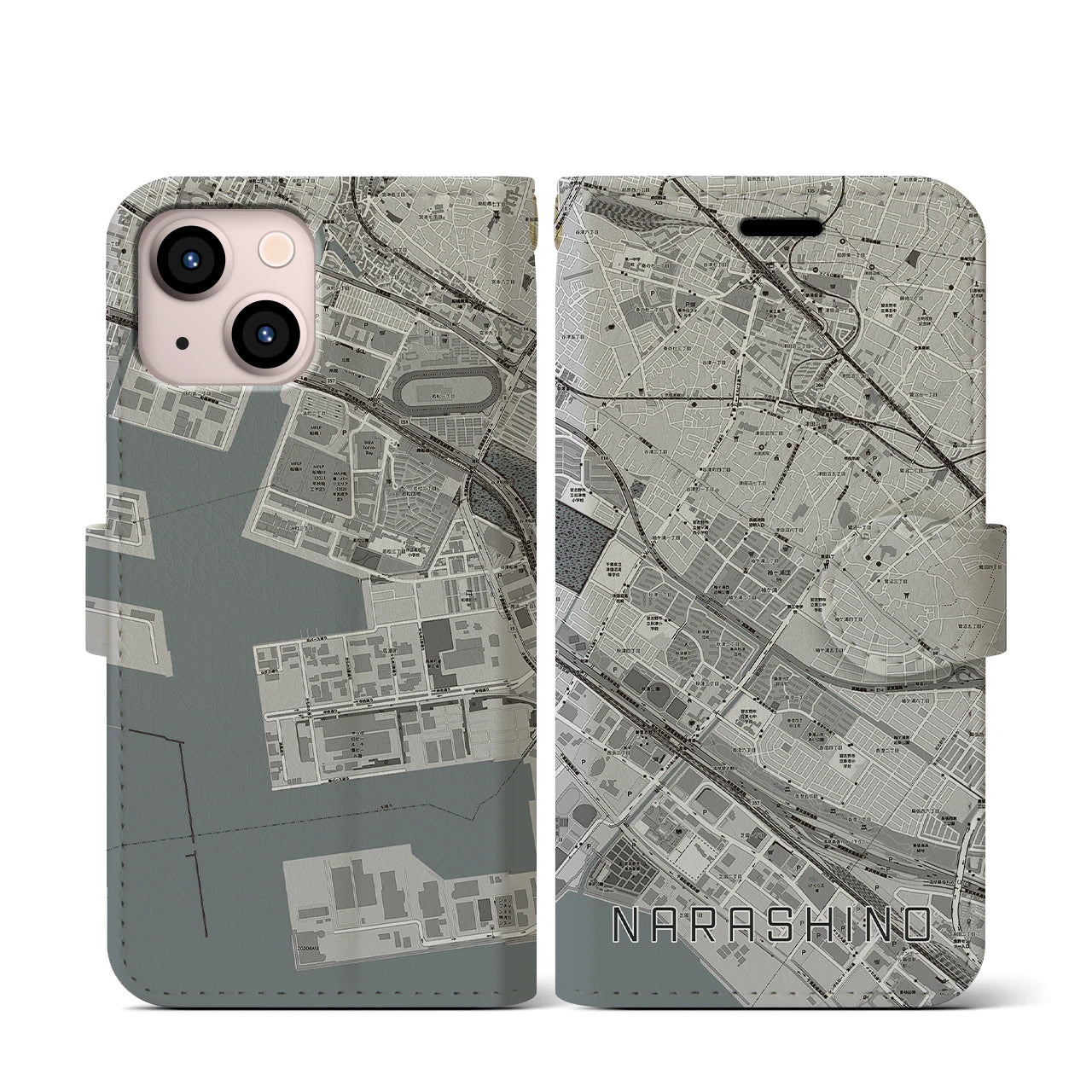 【習志野(千葉県)】地図柄iPhoneケース(手帳タイプ)モノトーン・iPhone 13 mini 用