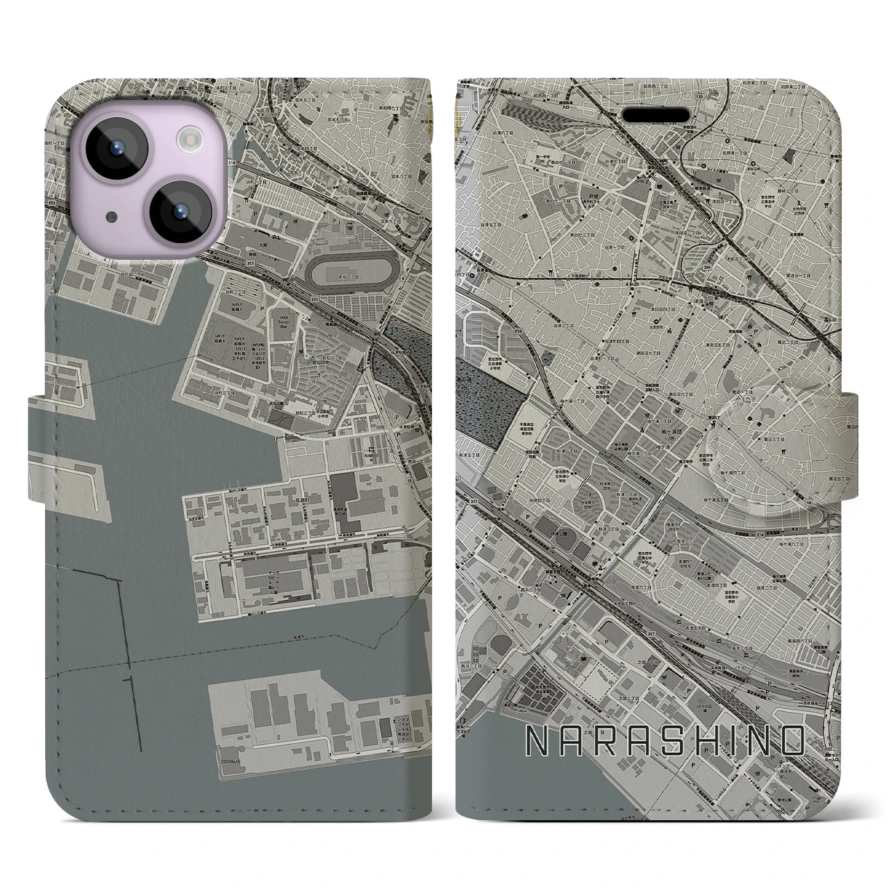 【習志野(千葉県)】地図柄iPhoneケース(手帳タイプ)モノトーン・iPhone 14 用