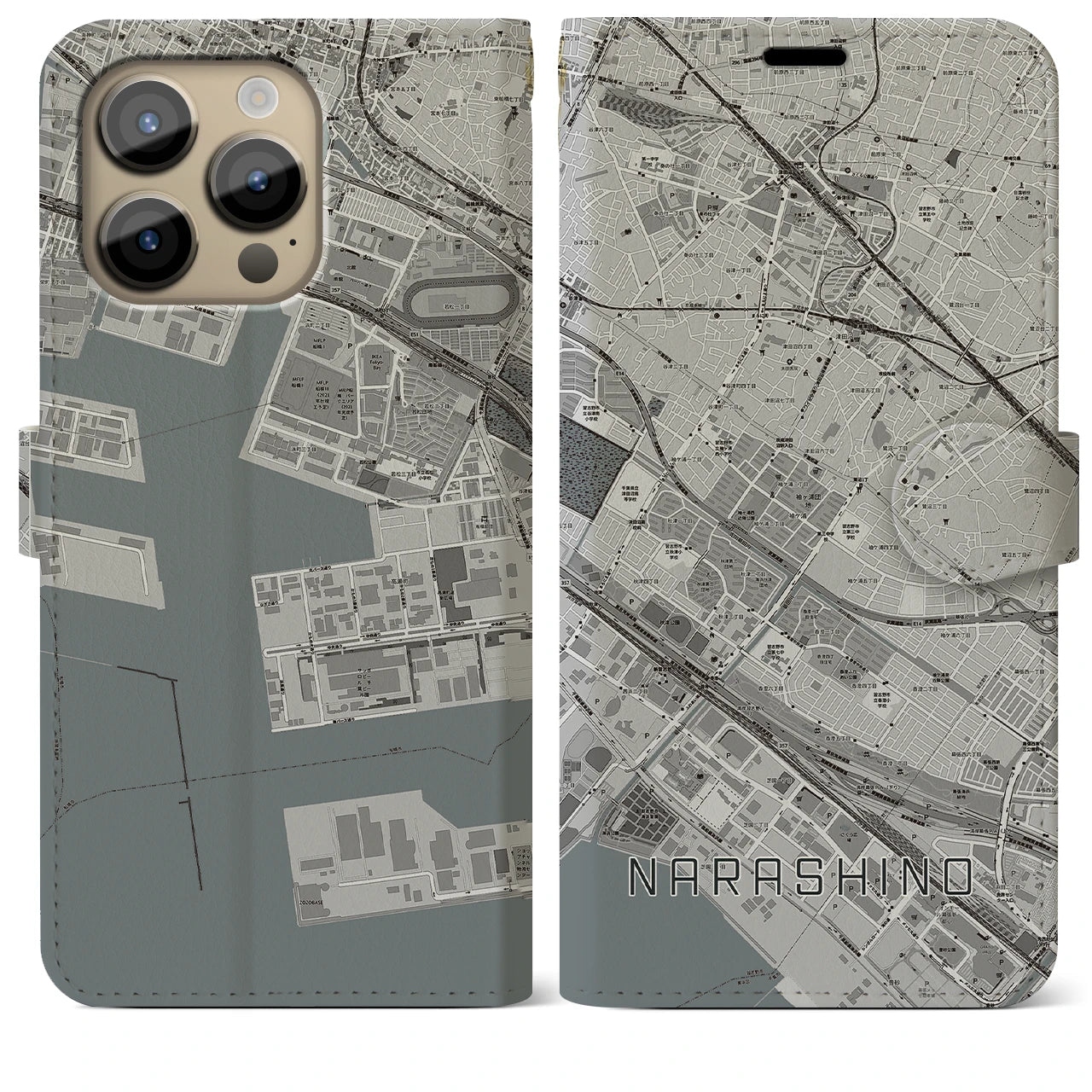 【習志野(千葉県)】地図柄iPhoneケース(手帳タイプ)モノトーン・iPhone 14 Pro Max 用