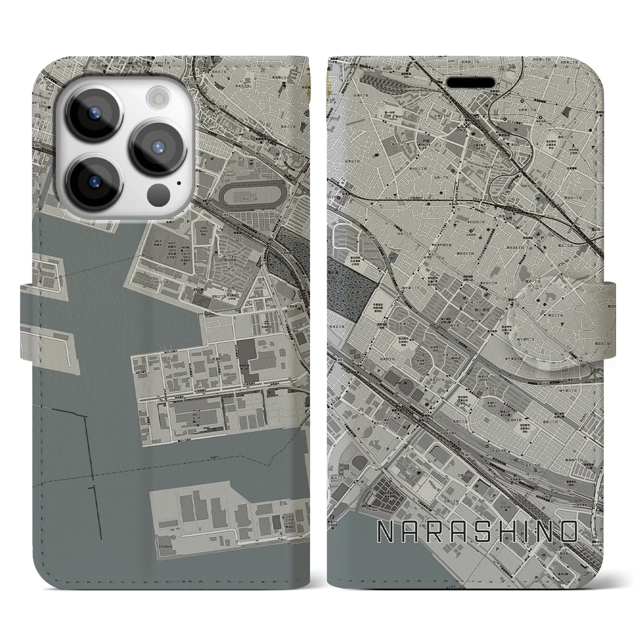 【習志野(千葉県)】地図柄iPhoneケース(手帳タイプ)モノトーン・iPhone 14 Pro 用