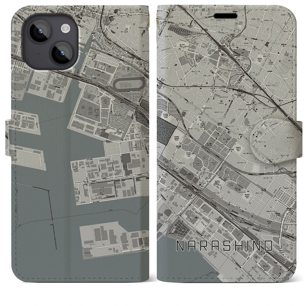【習志野(千葉県)】地図柄iPhoneケース(手帳タイプ)モノトーン・iPhone 14 Plus 用