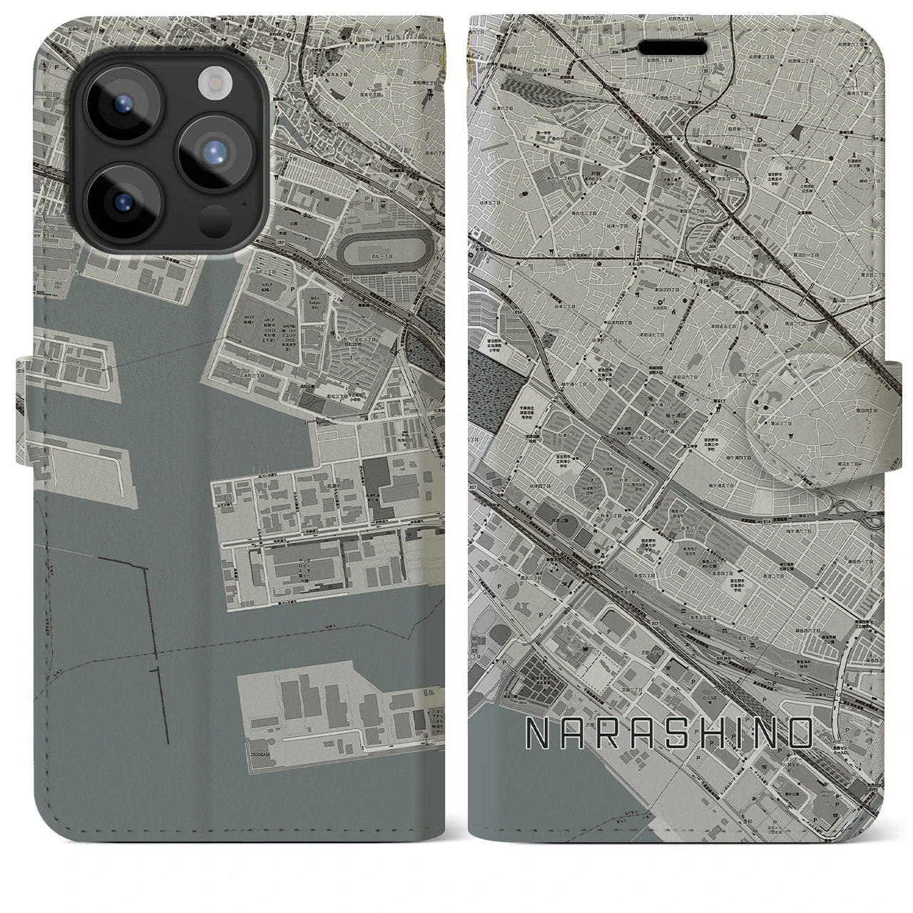 【習志野(千葉県)】地図柄iPhoneケース(手帳タイプ)モノトーン・iPhone 15 Pro Max 用