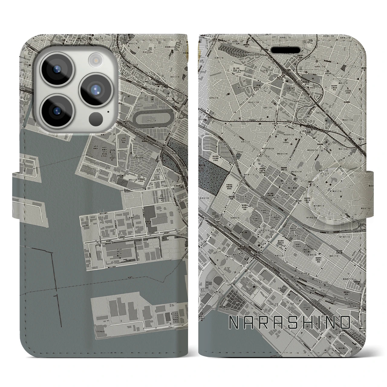 【習志野(千葉県)】地図柄iPhoneケース(手帳タイプ)モノトーン・iPhone 15 Pro 用