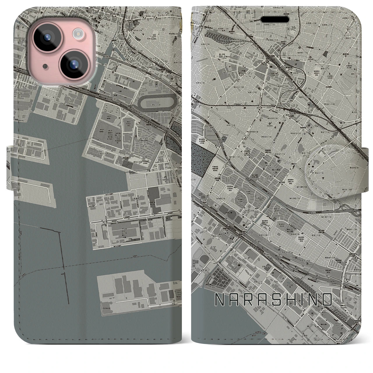 【習志野(千葉県)】地図柄iPhoneケース(手帳タイプ)モノトーン・iPhone 15 Plus 用