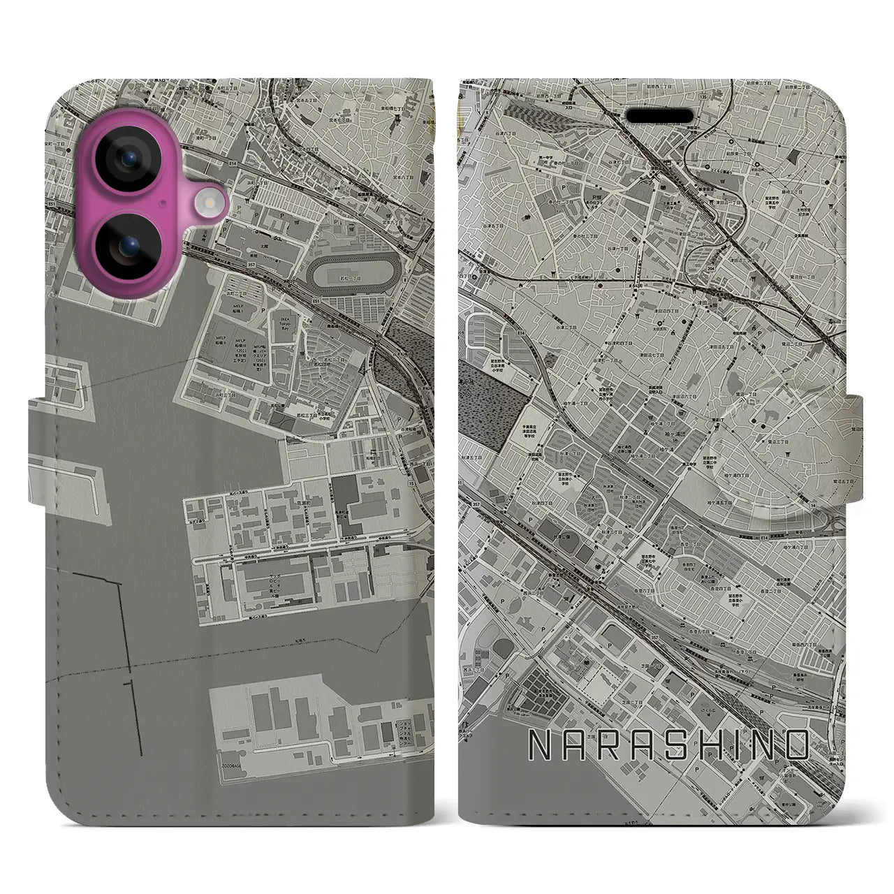 【習志野(千葉県)】地図柄iPhoneケース(手帳タイプ)モノトーン・iPhone 16 Pro 用