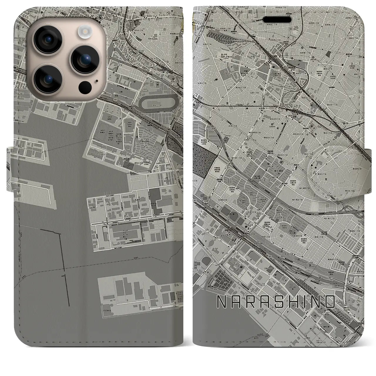 【習志野(千葉県)】地図柄iPhoneケース(手帳タイプ)モノトーン・iPhone 16 Plus 用