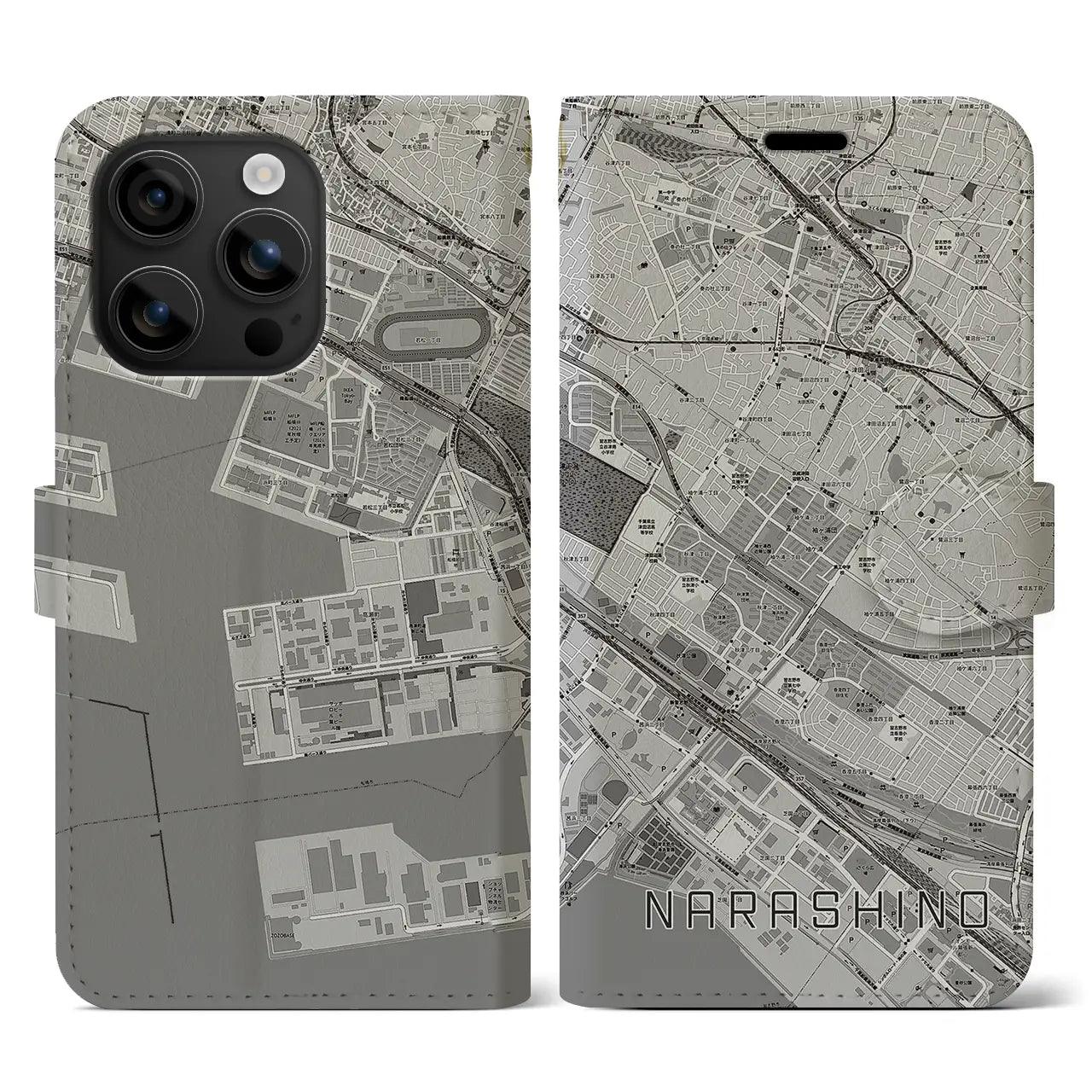 【習志野(千葉県)】地図柄iPhoneケース(手帳タイプ)モノトーン・iPhone 16 用