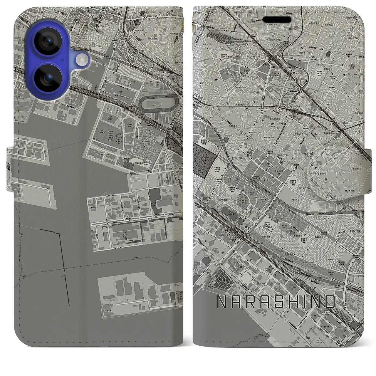 【習志野(千葉県)】地図柄iPhoneケース(手帳タイプ)モノトーン・iPhone 16 Pro Max 用