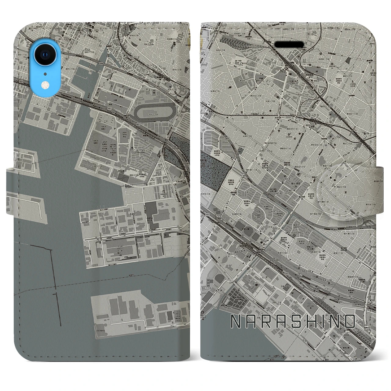 【習志野(千葉県)】地図柄iPhoneケース(手帳タイプ)モノトーン・iPhone XR 用