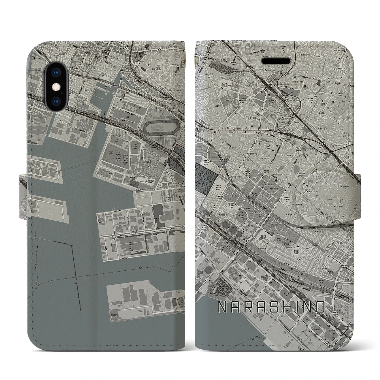 【習志野(千葉県)】地図柄iPhoneケース(手帳タイプ)モノトーン・iPhone XS / X 用