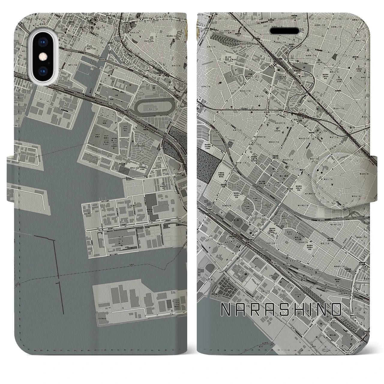 【習志野(千葉県)】地図柄iPhoneケース(手帳タイプ)モノトーン・iPhone XS Max 用
