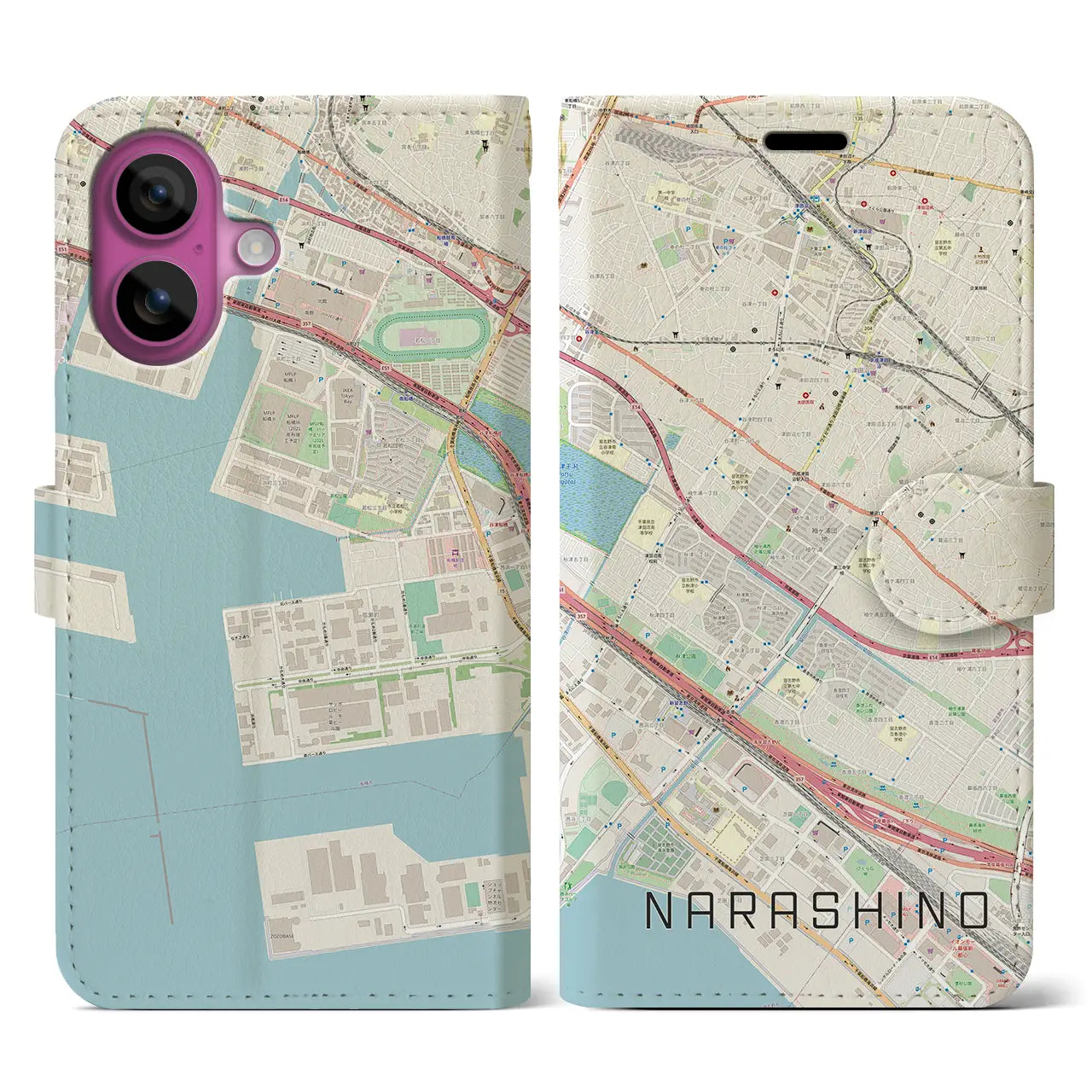 【習志野(千葉県)】地図柄iPhoneケース(手帳タイプ)ナチュラル・iPhone 16 Pro 用