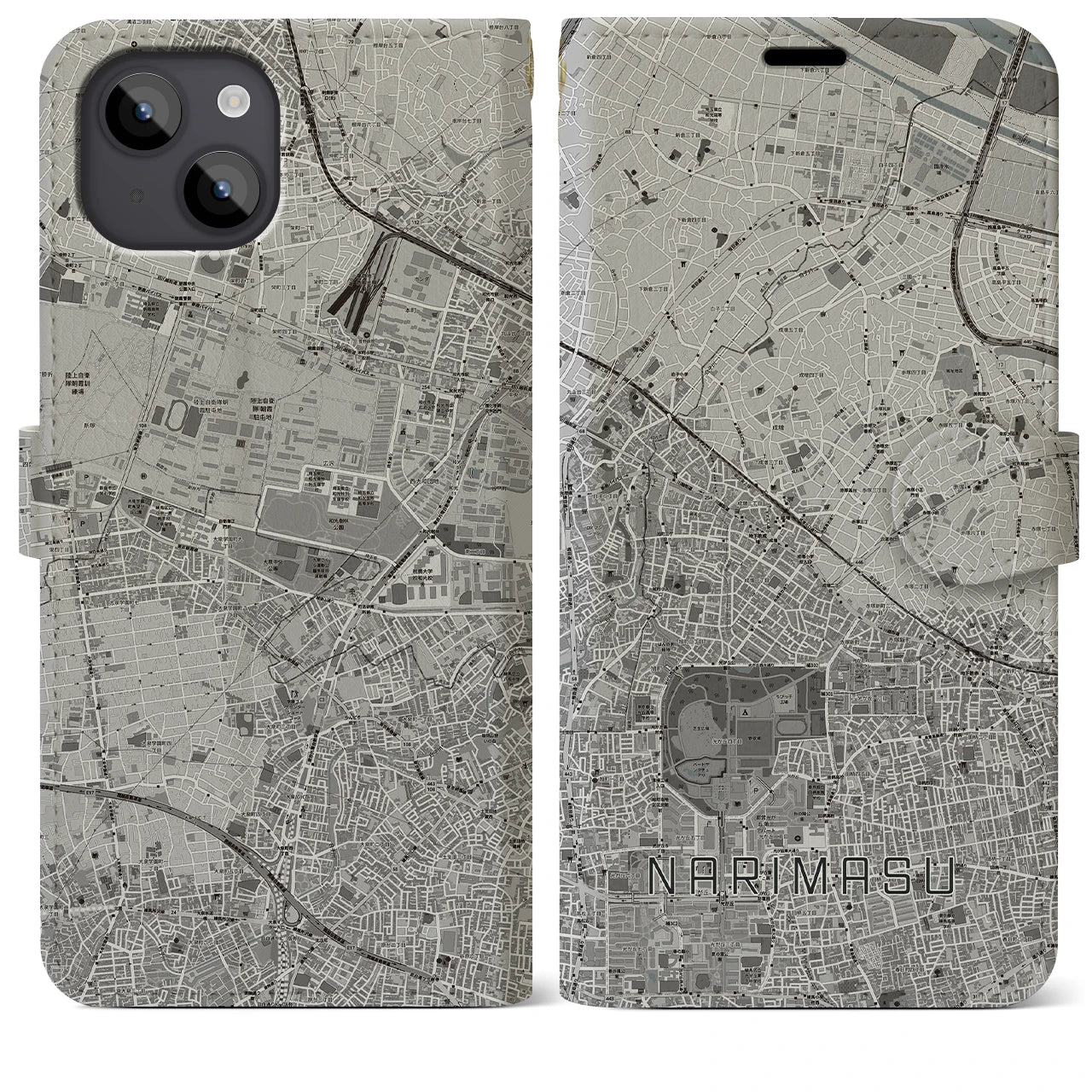 【成増(東京都)】地図柄iPhoneケース(手帳タイプ)モノトーン・iPhone 14 Plus 用