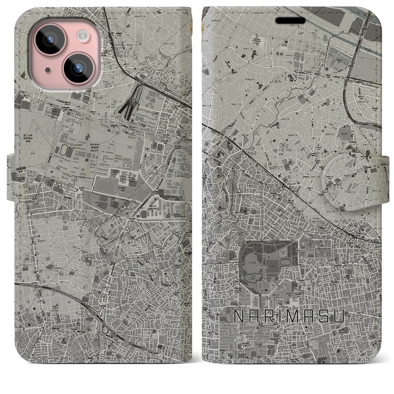 【成増(東京都)】地図柄iPhoneケース(手帳タイプ)モノトーン・iPhone 15 Plus 用