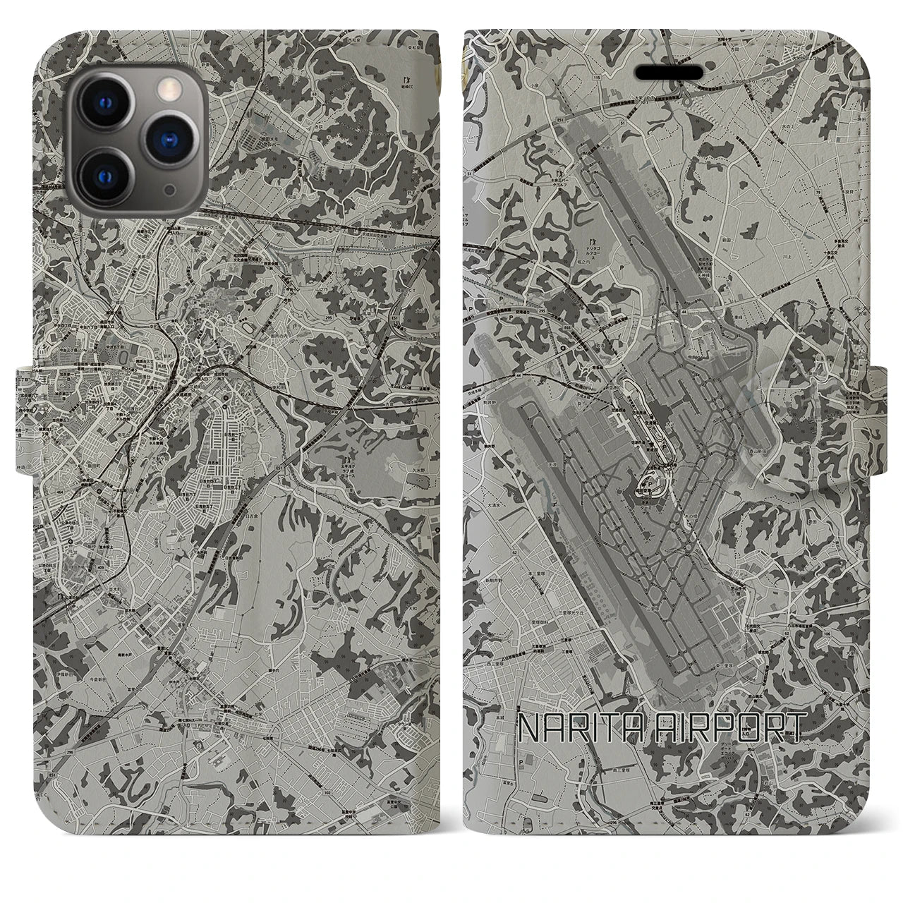 【成田空港(千葉県)】地図柄iPhoneケース(手帳タイプ)モノトーン・iPhone 11 Pro Max 用