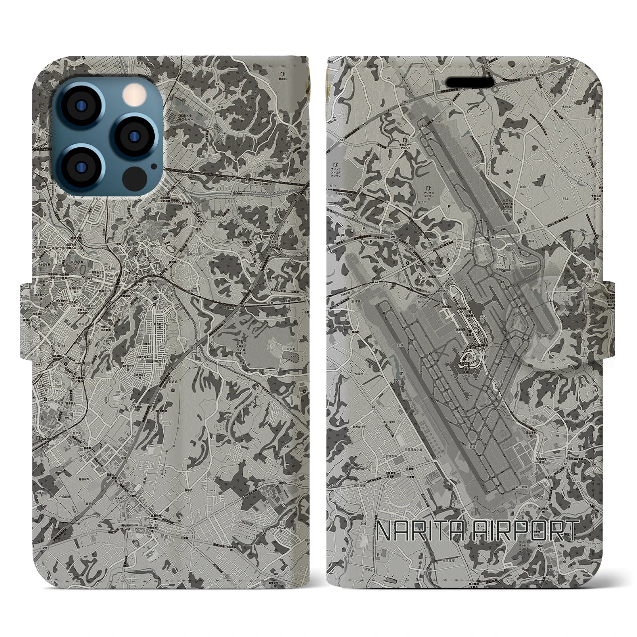 【成田空港(千葉県)】地図柄iPhoneケース(手帳タイプ)モノトーン・iPhone 12 / 12 Pro 用