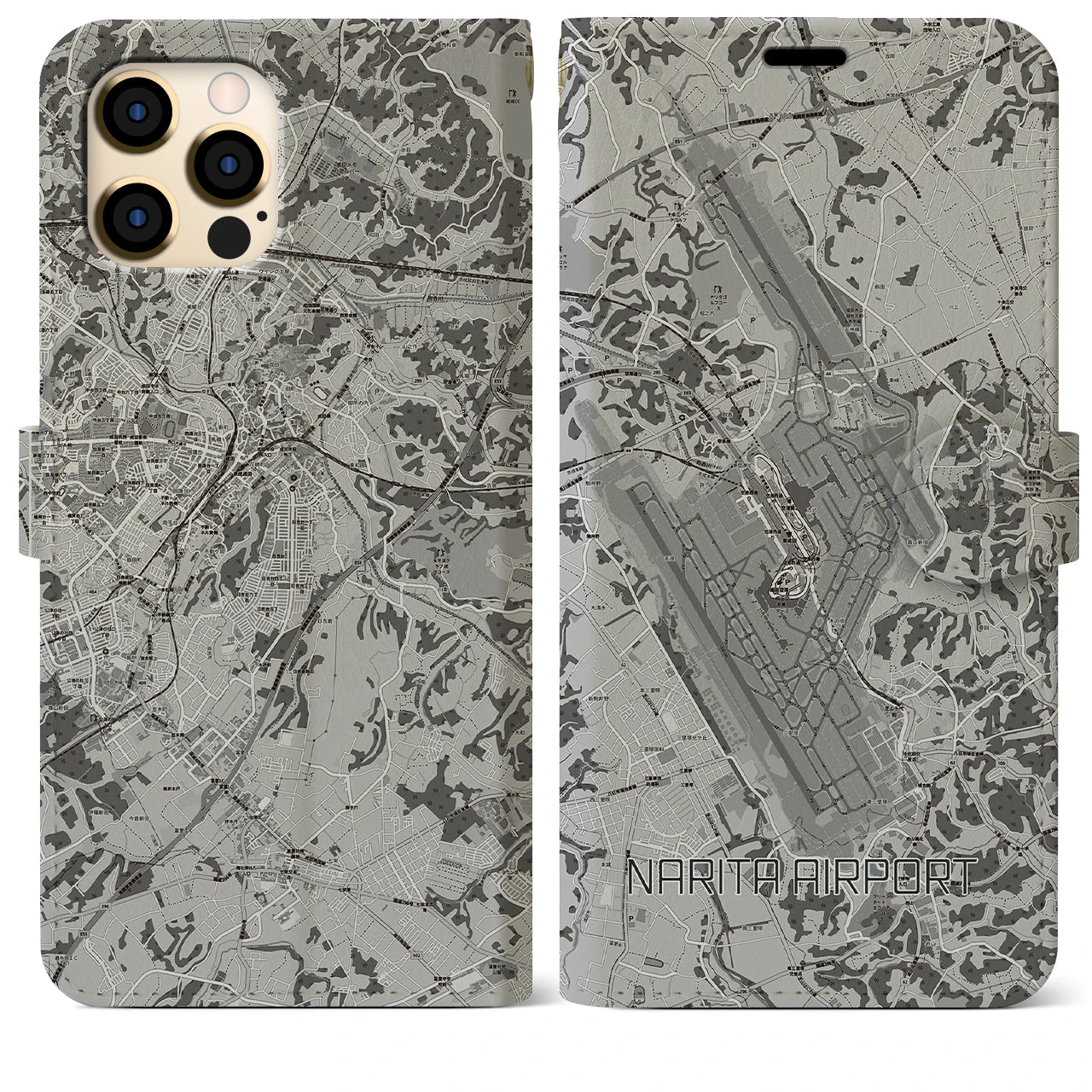 【成田空港(千葉県)】地図柄iPhoneケース(手帳タイプ)モノトーン・iPhone 12 Pro Max 用