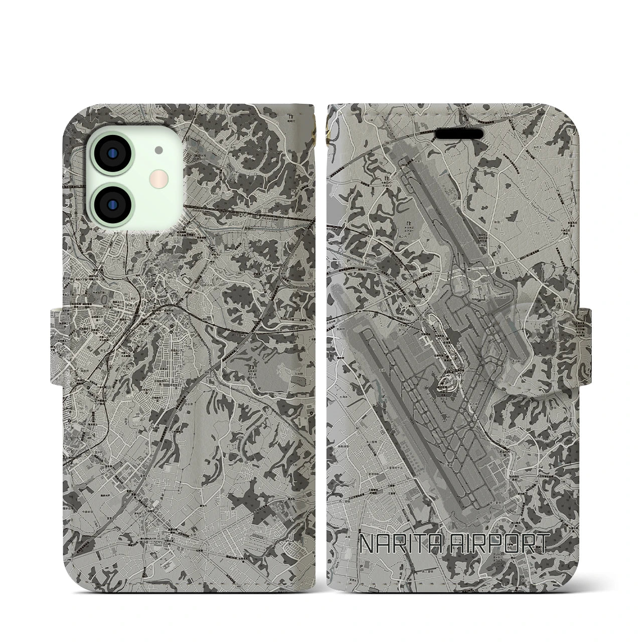 【成田空港(千葉県)】地図柄iPhoneケース(手帳タイプ)モノトーン・iPhone 12 mini 用