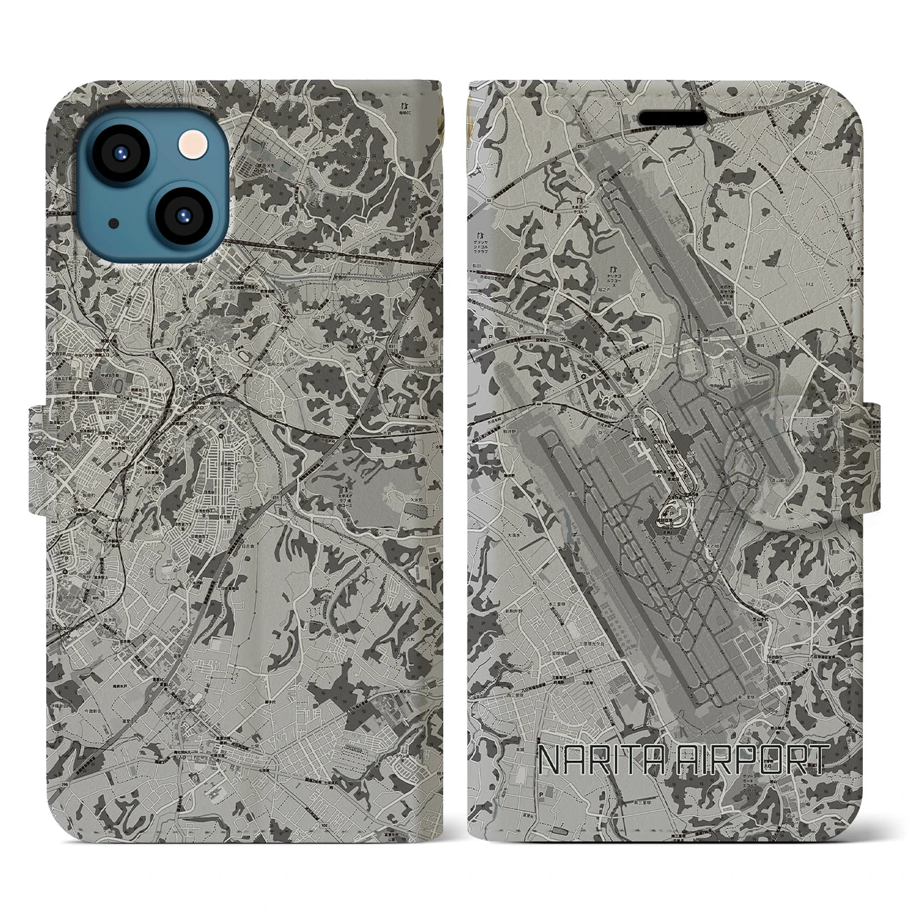 【成田空港(千葉県)】地図柄iPhoneケース(手帳タイプ)モノトーン・iPhone 13 用