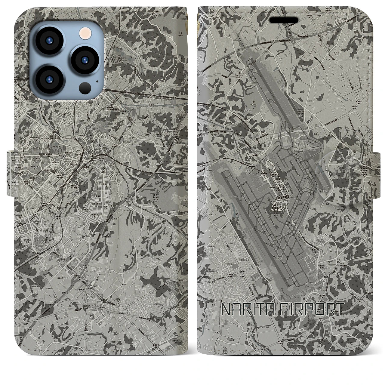 【成田空港(千葉県)】地図柄iPhoneケース(手帳タイプ)モノトーン・iPhone 13 Pro Max 用