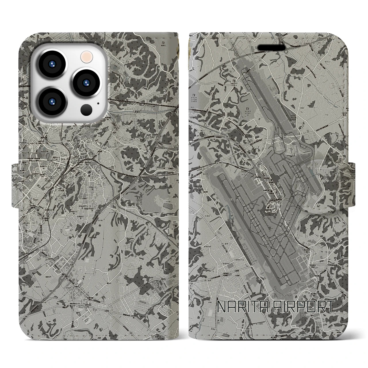 【成田空港(千葉県)】地図柄iPhoneケース(手帳タイプ)モノトーン・iPhone 13 Pro 用