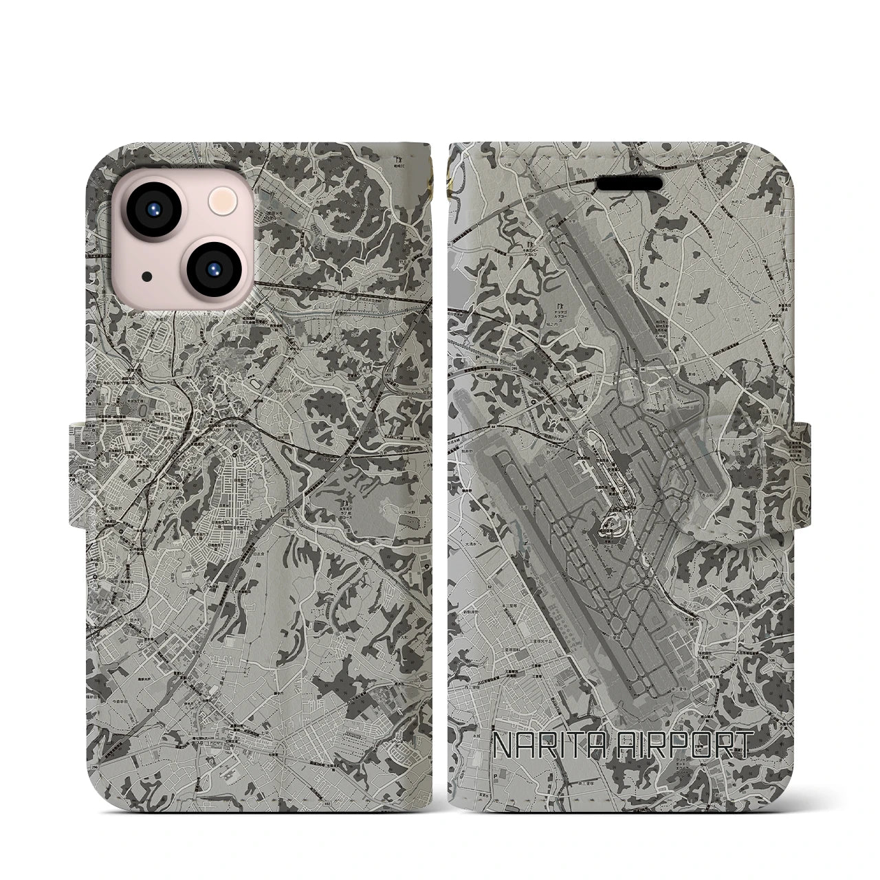 【成田空港(千葉県)】地図柄iPhoneケース(手帳タイプ)モノトーン・iPhone 13 mini 用