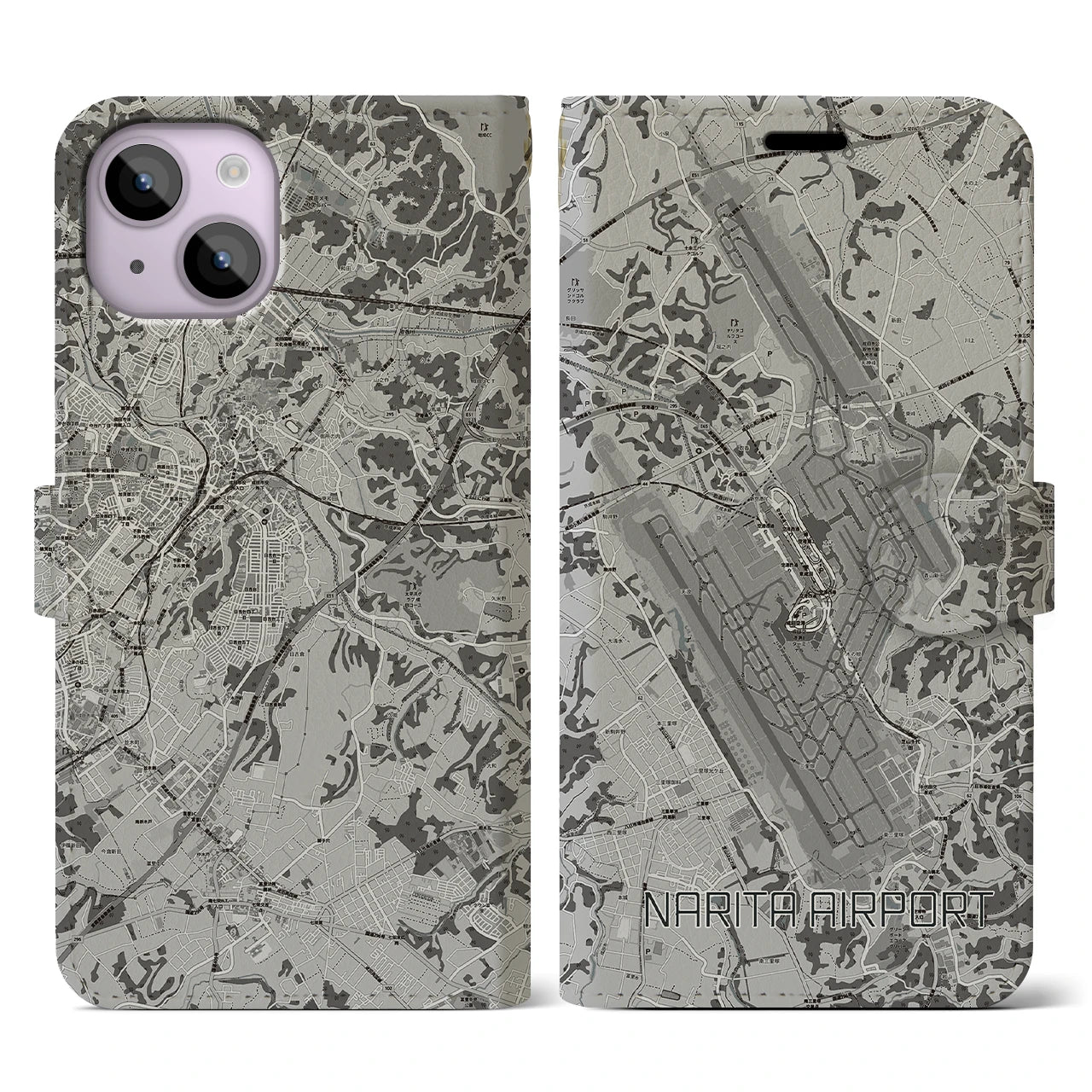 【成田空港(千葉県)】地図柄iPhoneケース(手帳タイプ)モノトーン・iPhone 14 用