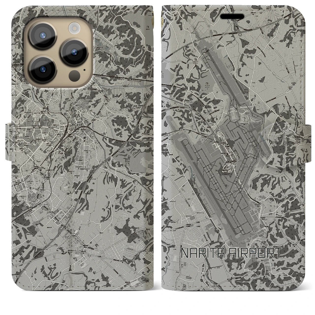 【成田空港(千葉県)】地図柄iPhoneケース(手帳タイプ)モノトーン・iPhone 14 Pro Max 用