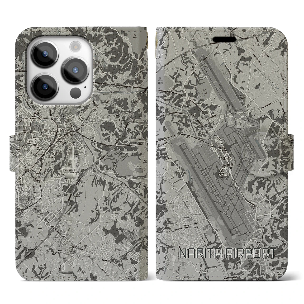 【成田空港(千葉県)】地図柄iPhoneケース(手帳タイプ)モノトーン・iPhone 14 Pro 用