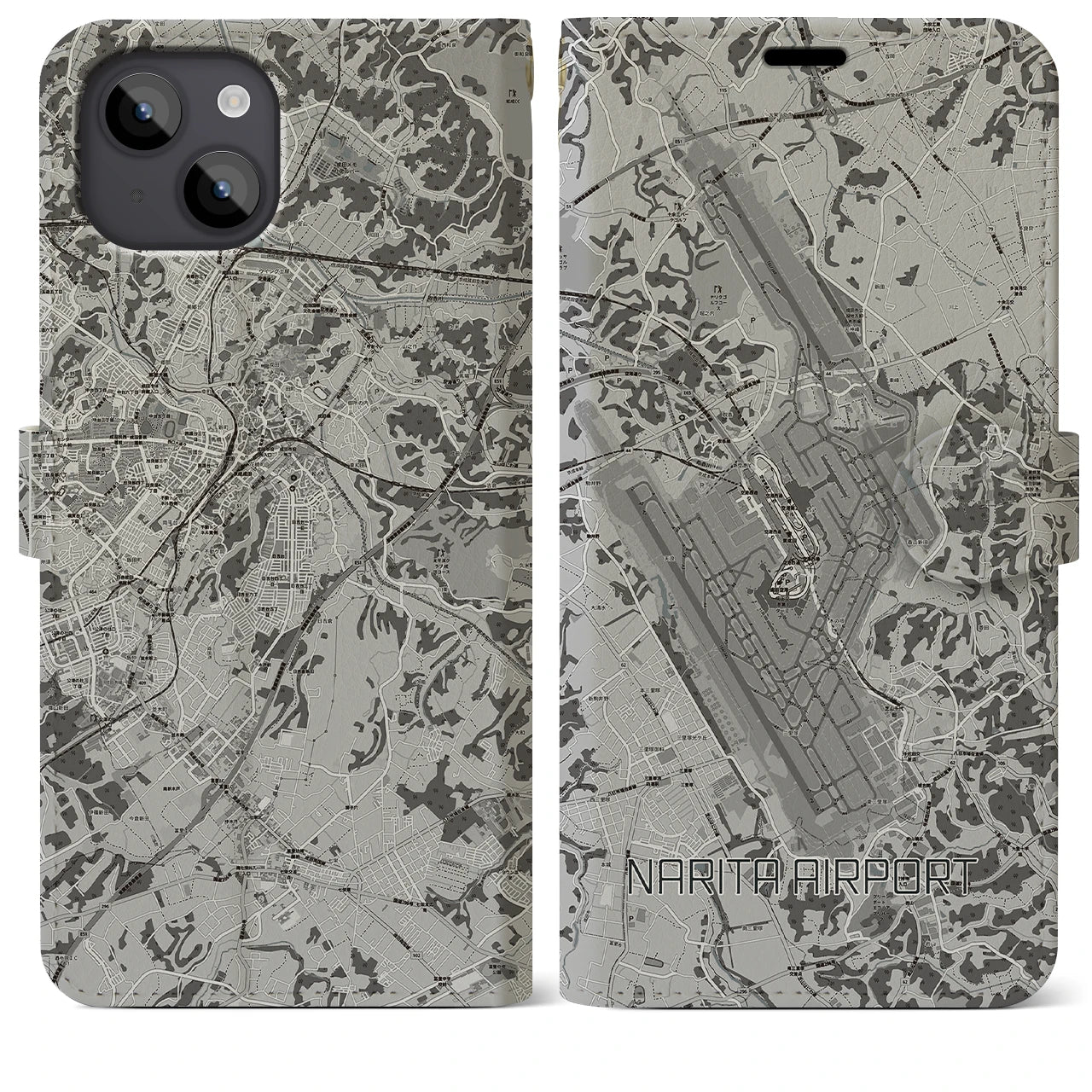 【成田空港(千葉県)】地図柄iPhoneケース(手帳タイプ)モノトーン・iPhone 14 Plus 用