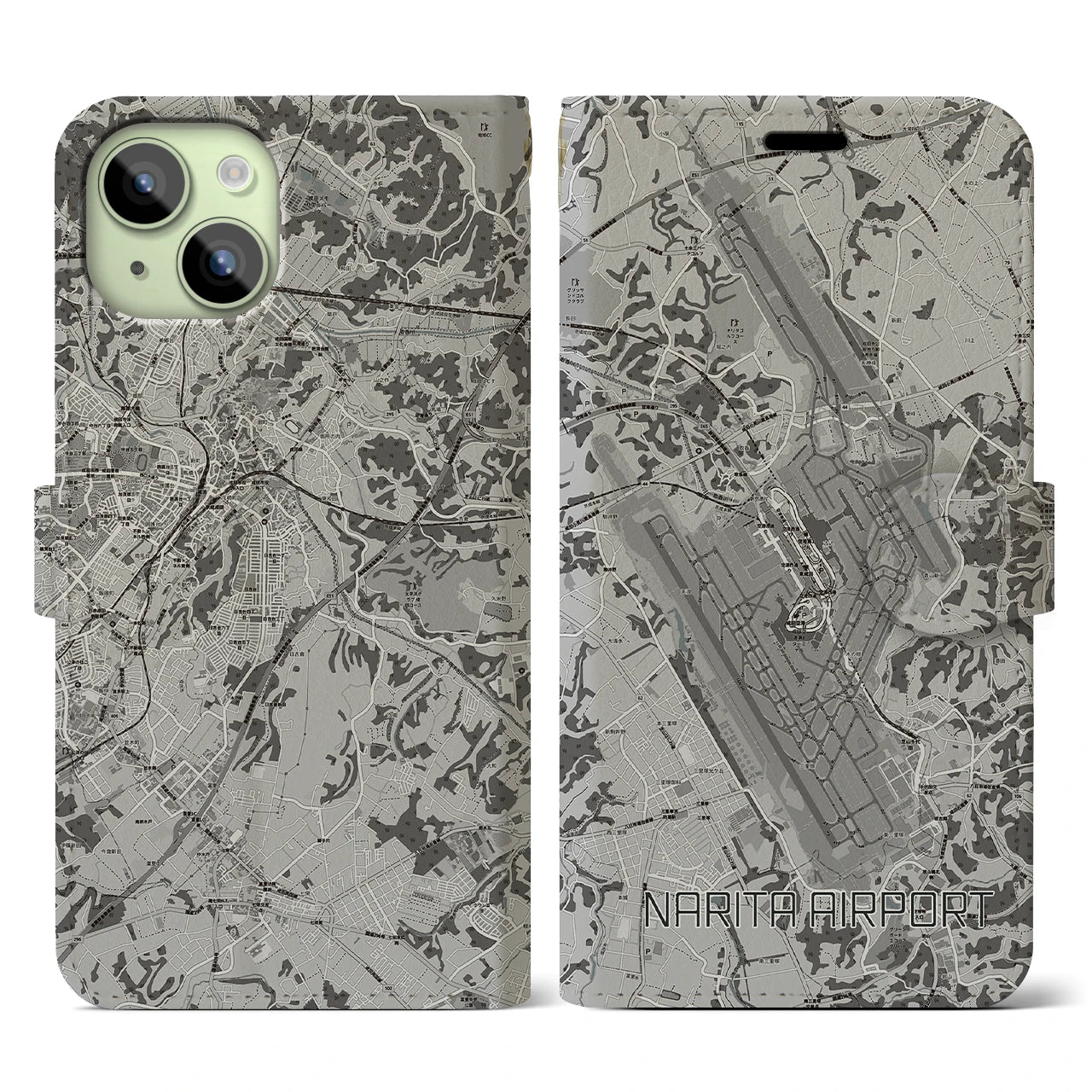 【成田空港(千葉県)】地図柄iPhoneケース(手帳タイプ)モノトーン・iPhone 15 用