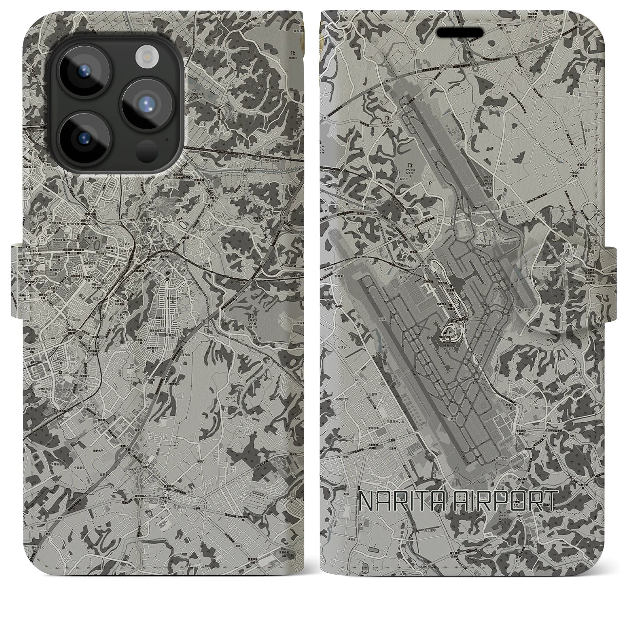【成田空港(千葉県)】地図柄iPhoneケース(手帳タイプ)モノトーン・iPhone 15 Pro Max 用