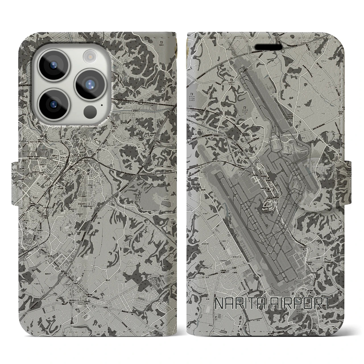 【成田空港(千葉県)】地図柄iPhoneケース(手帳タイプ)モノトーン・iPhone 15 Pro 用