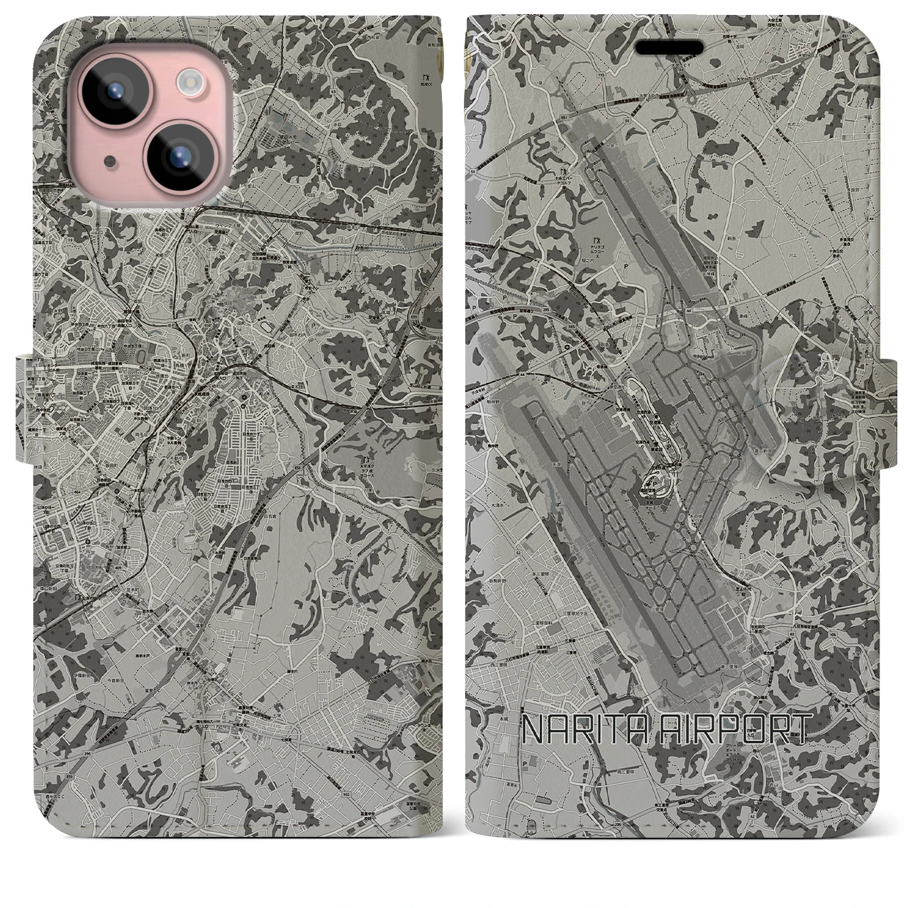 【成田空港(千葉県)】地図柄iPhoneケース(手帳タイプ)モノトーン・iPhone 15 Plus 用