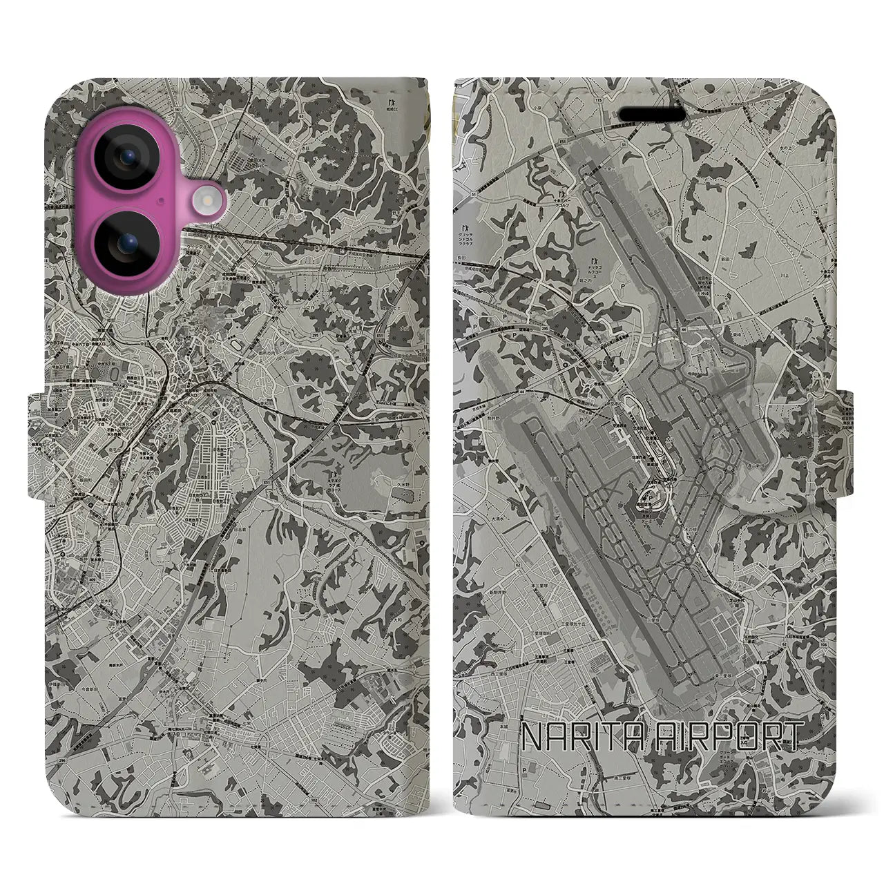【成田空港(千葉県)】地図柄iPhoneケース(手帳タイプ)モノトーン・iPhone 16 Pro 用