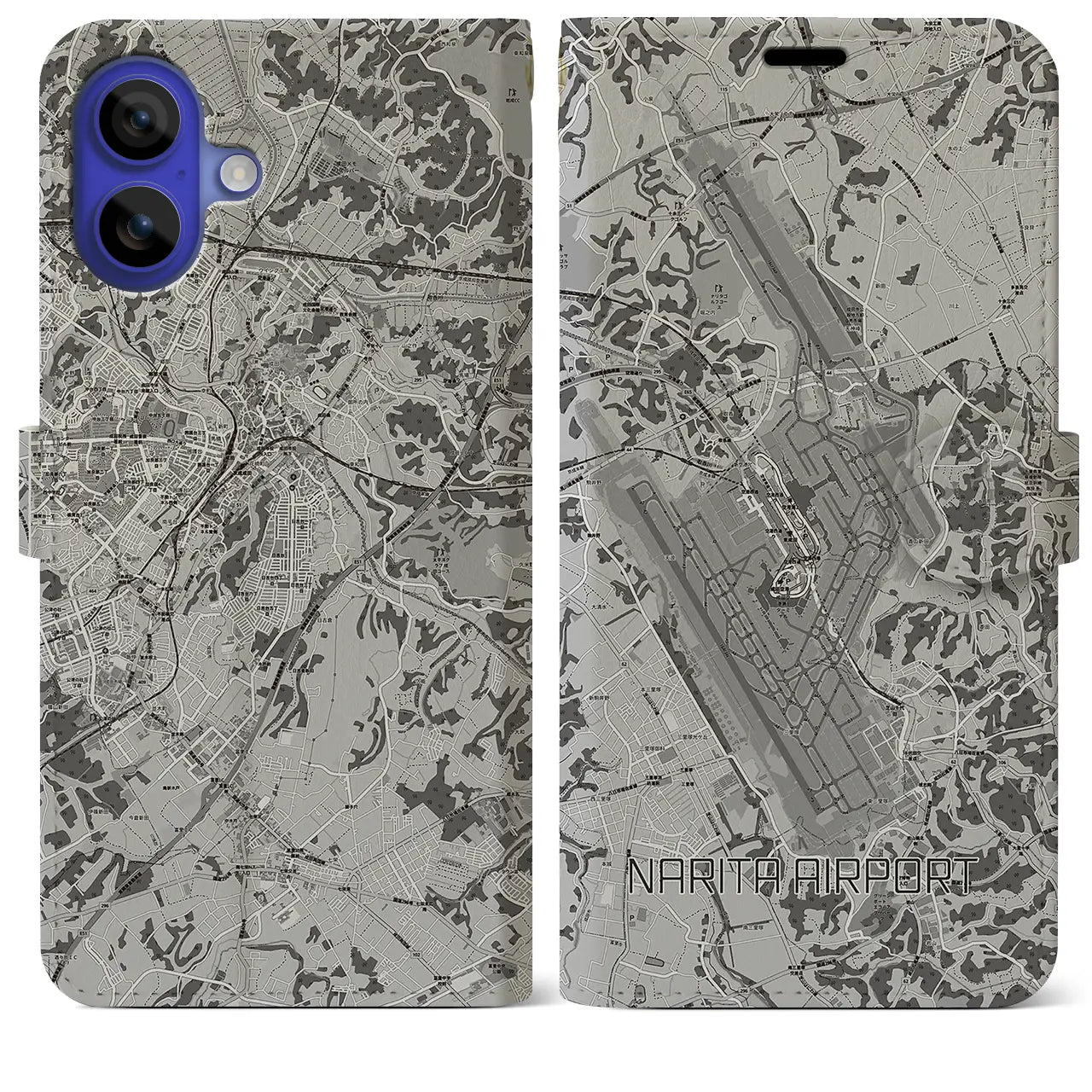 【成田空港(千葉県)】地図柄iPhoneケース(手帳タイプ)モノトーン・iPhone 16 Pro Max 用