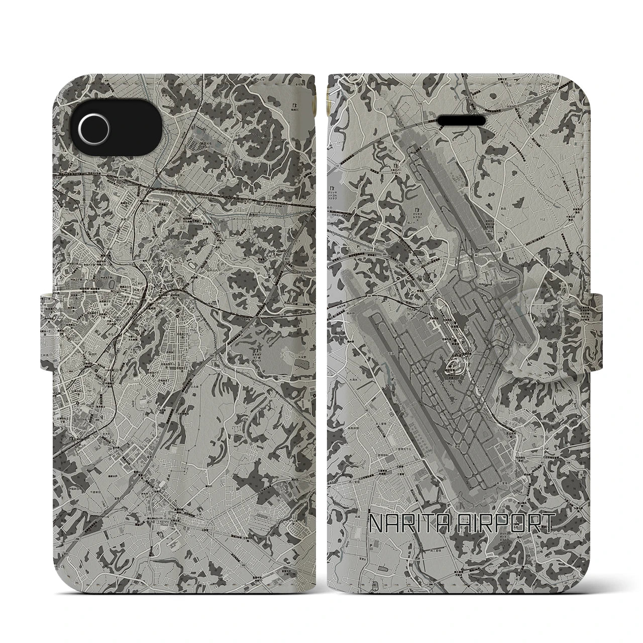 【成田空港(千葉県)】地図柄iPhoneケース(手帳タイプ)モノトーン・iPhone SE(第3 / 第2世代) / 8 / 7 / 6s / 6 用