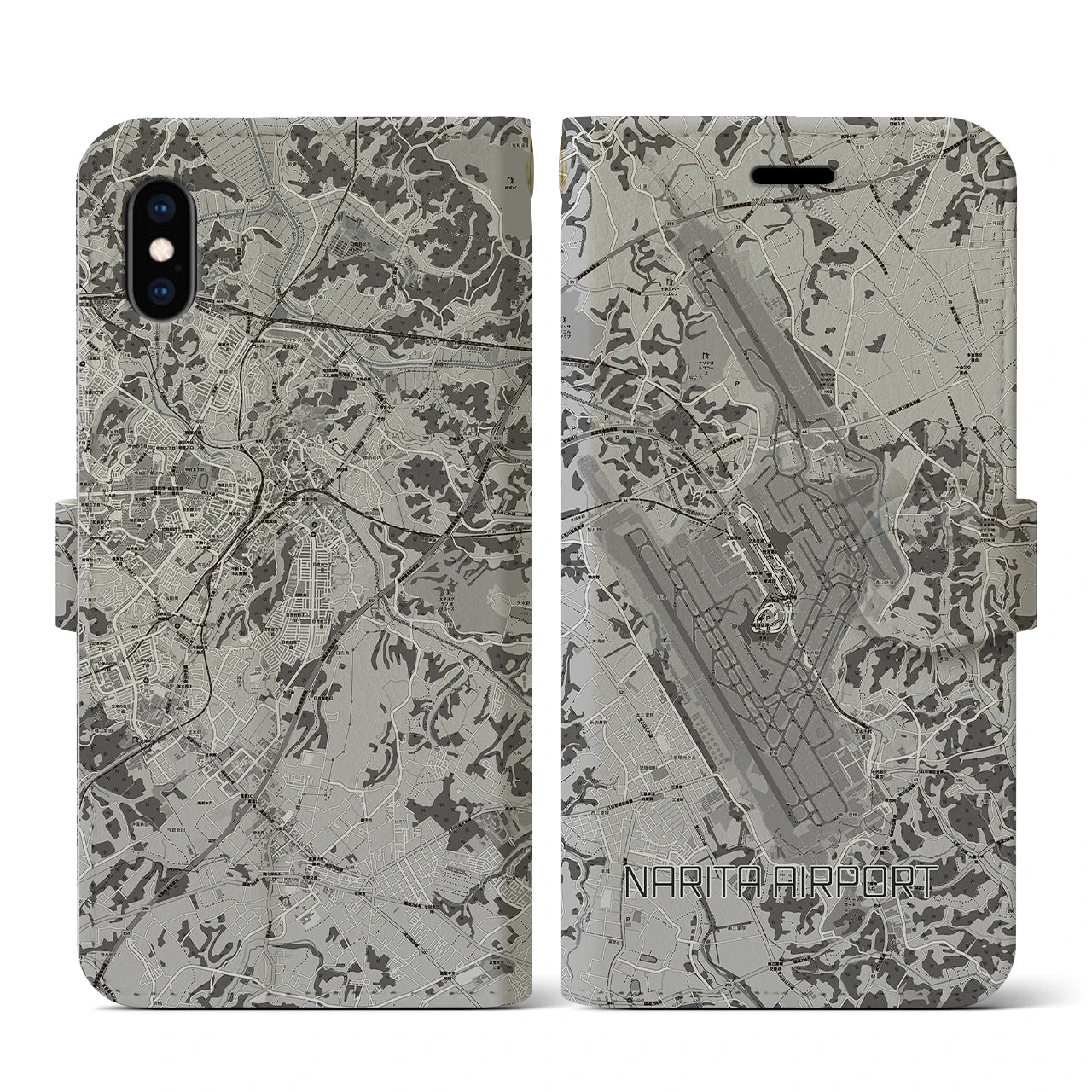 【成田空港(千葉県)】地図柄iPhoneケース(手帳タイプ)モノトーン・iPhone XS / X 用