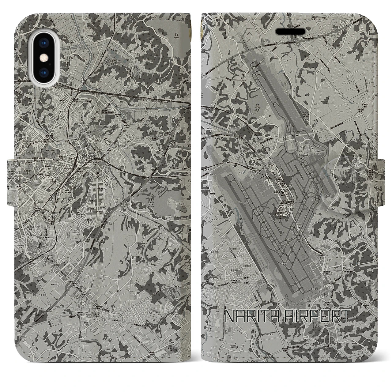 【成田空港(千葉県)】地図柄iPhoneケース(手帳タイプ)モノトーン・iPhone XS Max 用