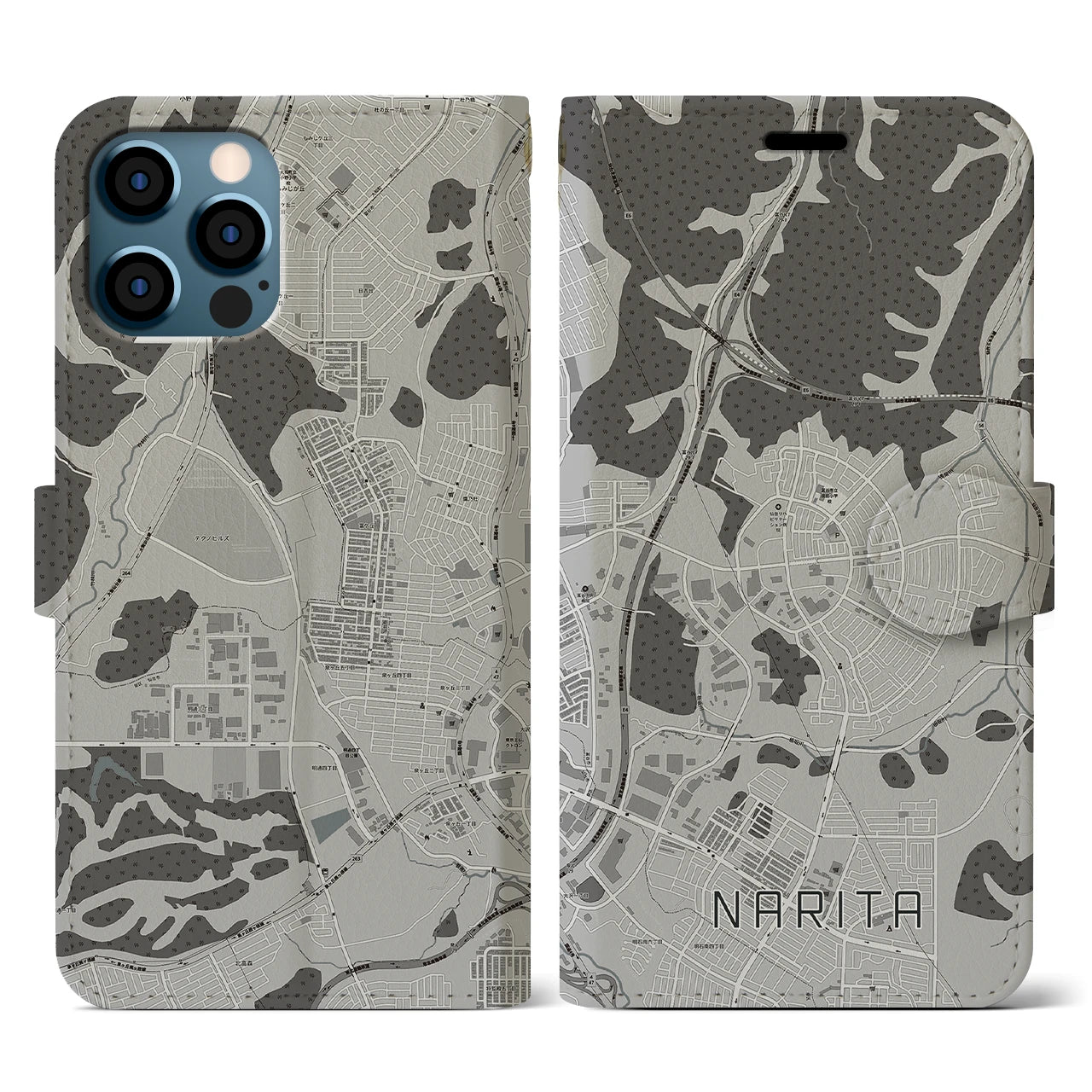 【成田(宮城県)】地図柄iPhoneケース(手帳タイプ)モノトーン・iPhone 12 / 12 Pro 用