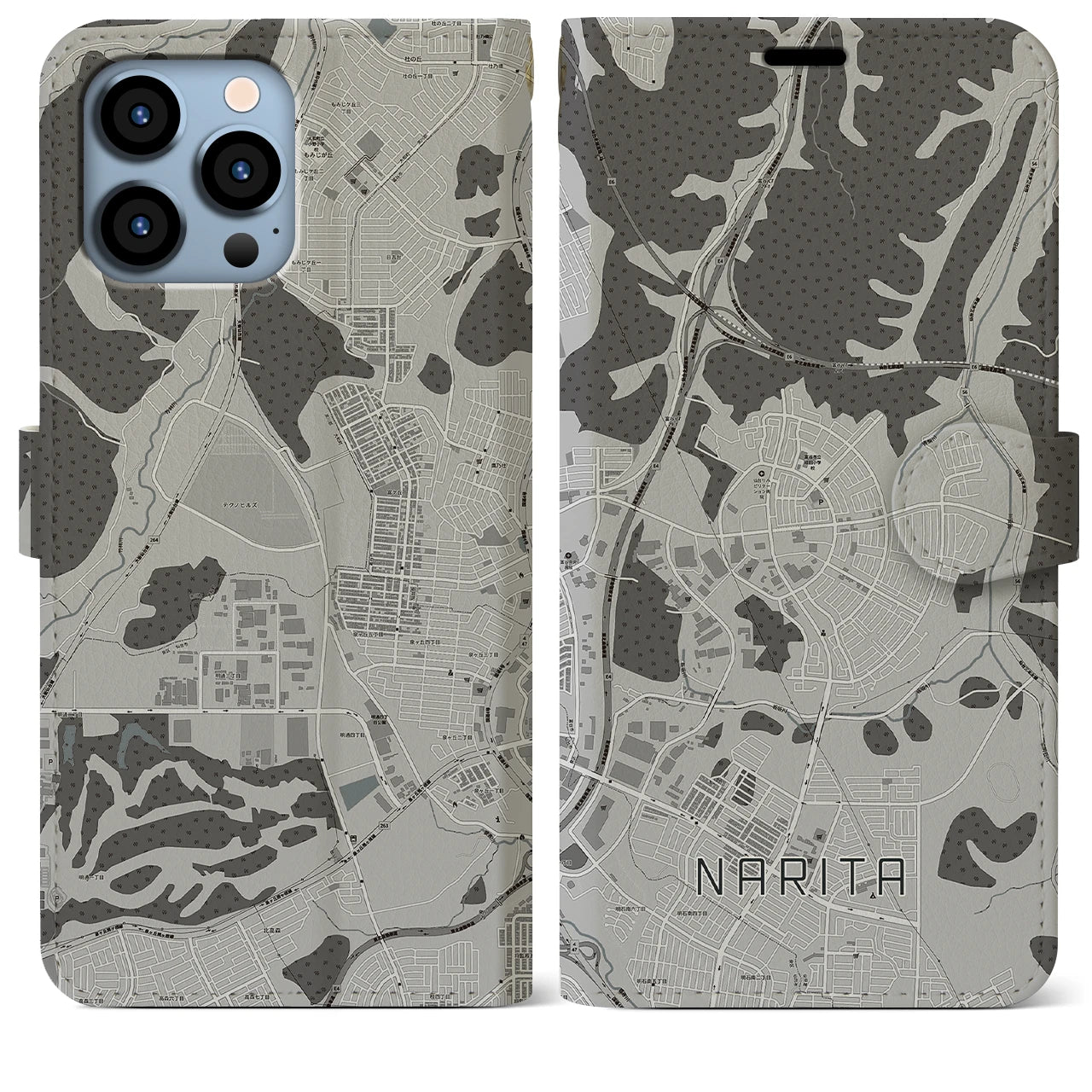 【成田(宮城県)】地図柄iPhoneケース(手帳タイプ)モノトーン・iPhone 13 Pro Max 用