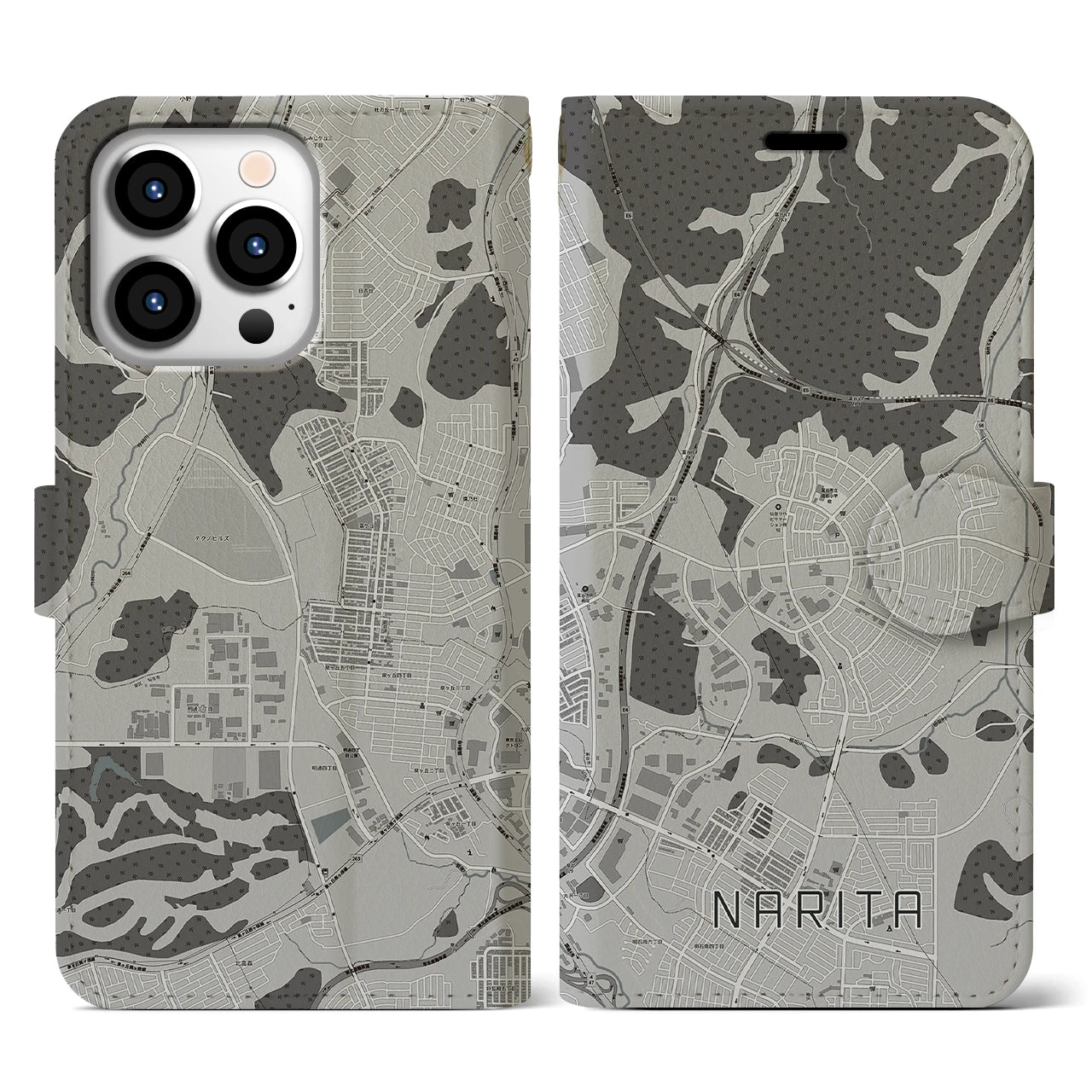 【成田(宮城県)】地図柄iPhoneケース(手帳タイプ)モノトーン・iPhone 13 Pro 用