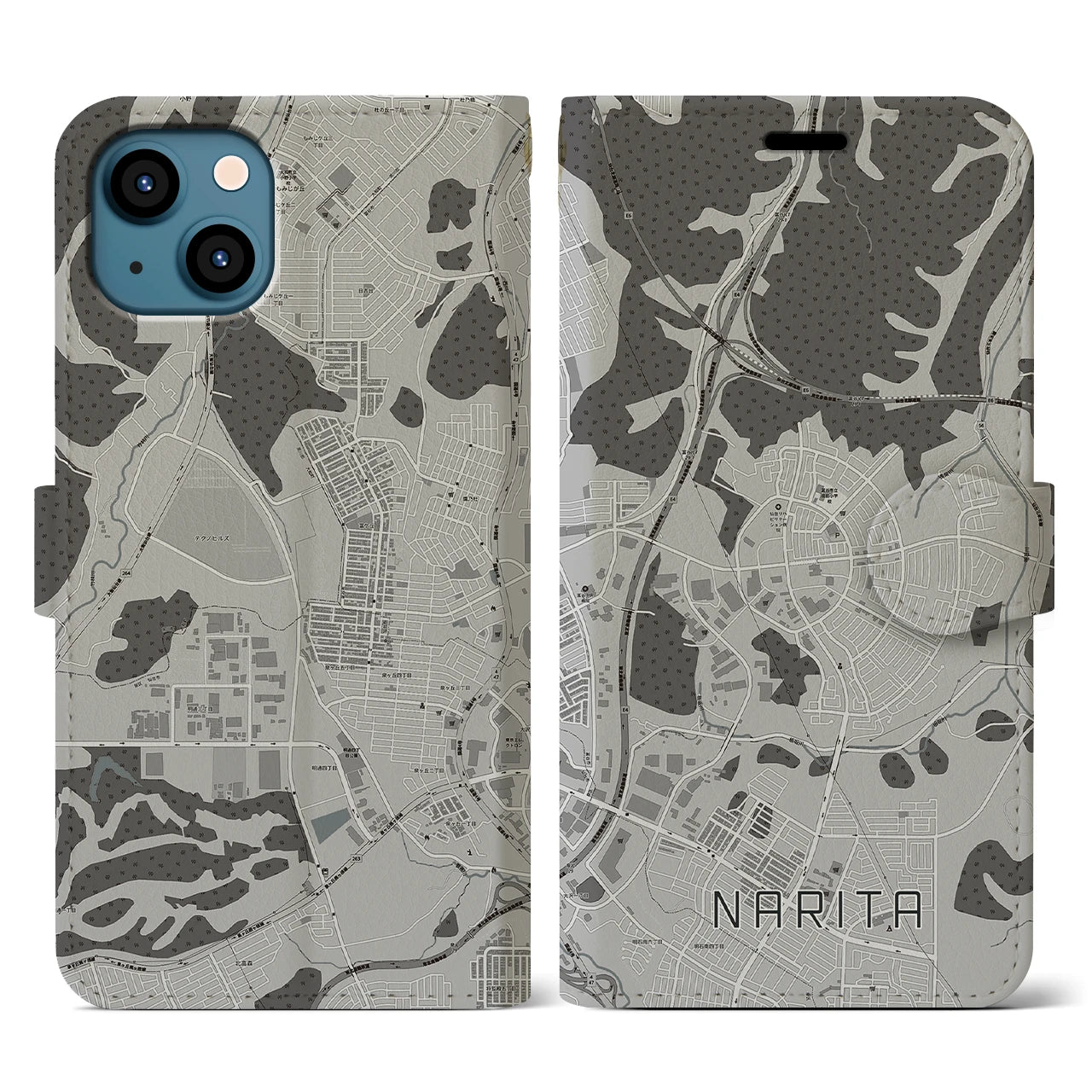 【成田(宮城県)】地図柄iPhoneケース(手帳タイプ)モノトーン・iPhone 13 用