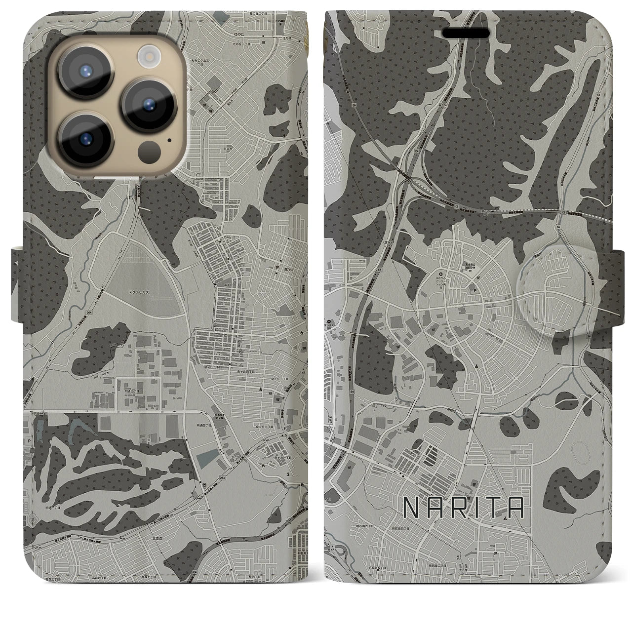 【成田(宮城県)】地図柄iPhoneケース(手帳タイプ)モノトーン・iPhone 14 Pro Max 用