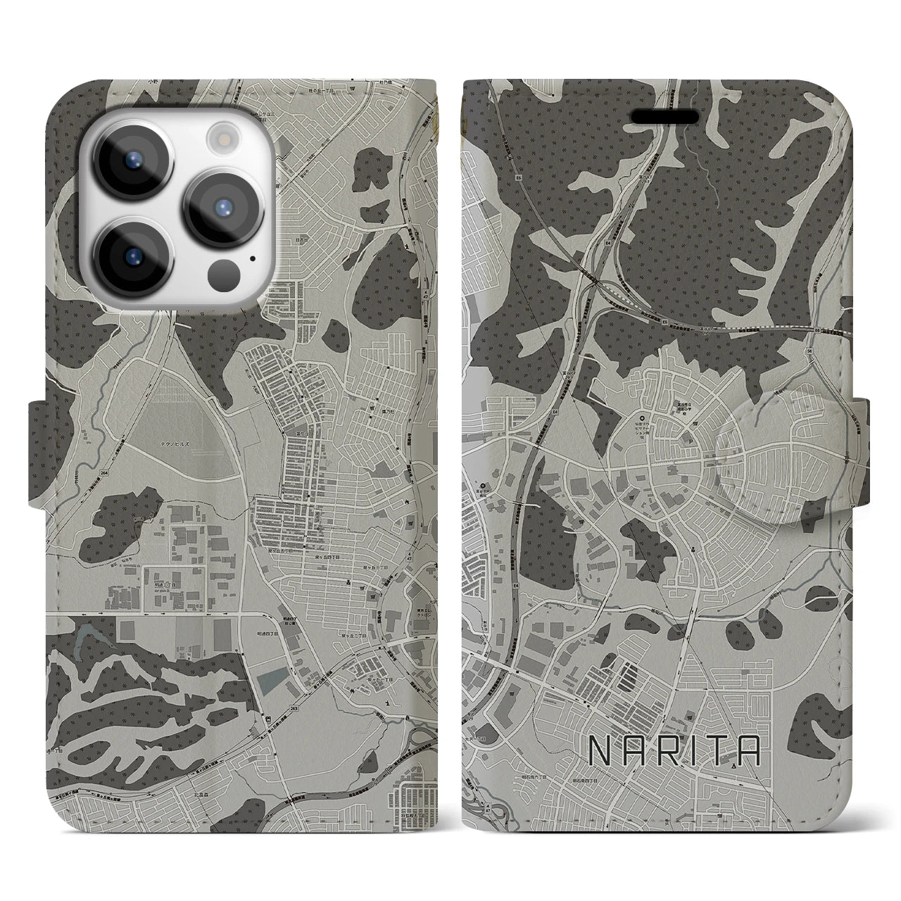 【成田(宮城県)】地図柄iPhoneケース(手帳タイプ)モノトーン・iPhone 14 Pro 用