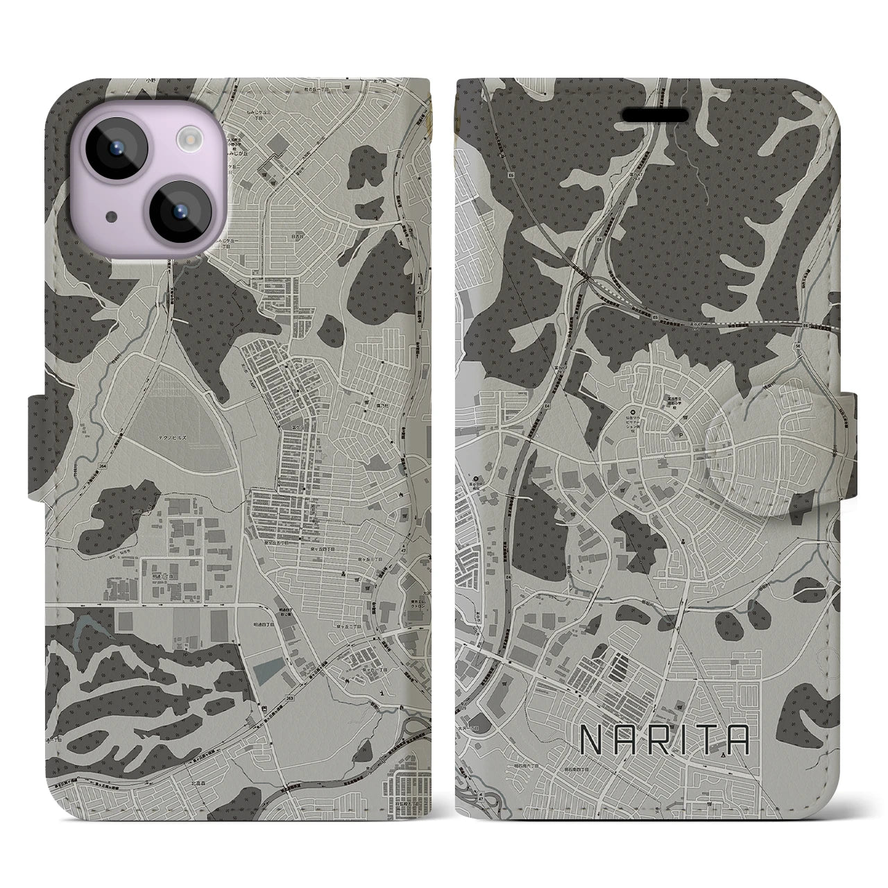 【成田(宮城県)】地図柄iPhoneケース(手帳タイプ)モノトーン・iPhone 14 用