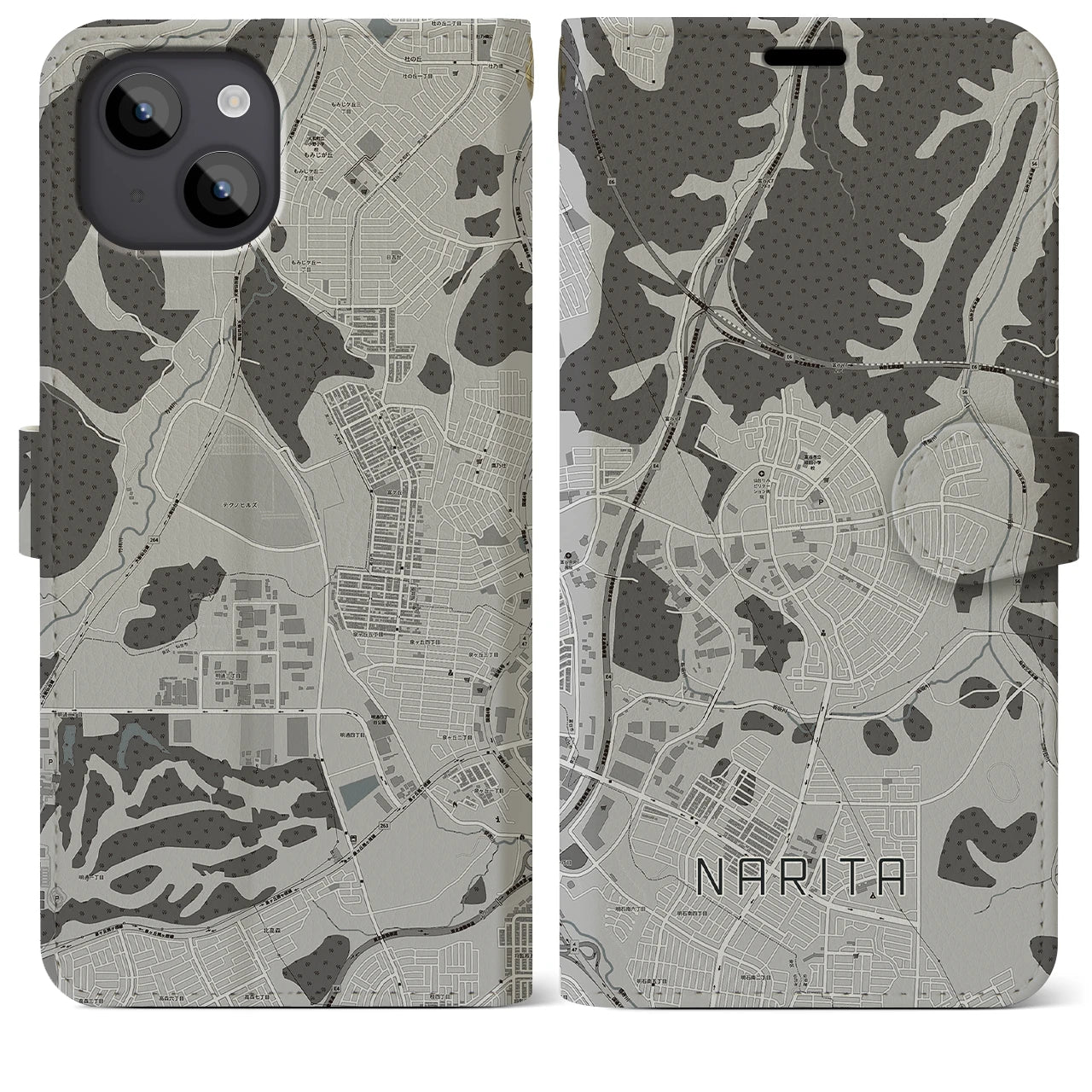 【成田(宮城県)】地図柄iPhoneケース(手帳タイプ)モノトーン・iPhone 14 Plus 用