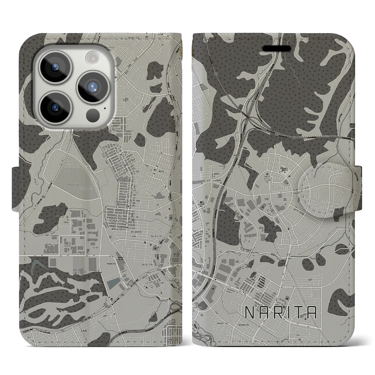 【成田(宮城県)】地図柄iPhoneケース(手帳タイプ)モノトーン・iPhone 15 Pro 用