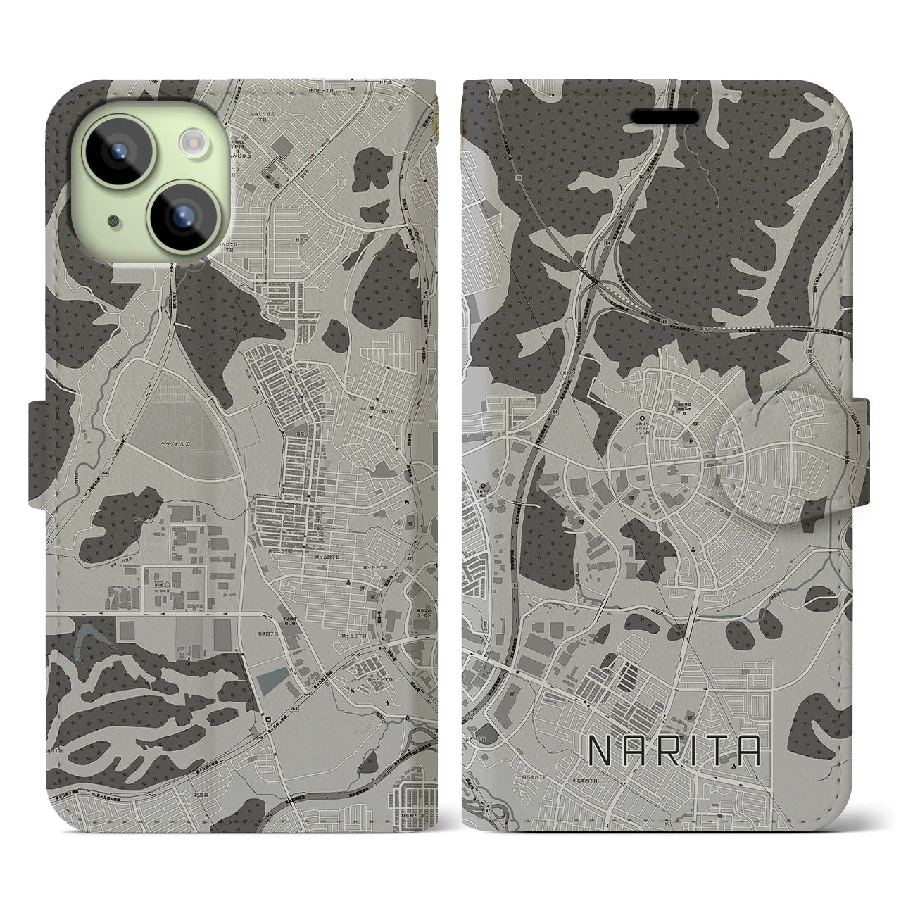 【成田(宮城県)】地図柄iPhoneケース(手帳タイプ)モノトーン・iPhone 15 用